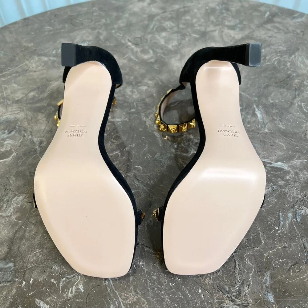 NEW Stuart Weitzman The Rosist Black Suede and Gold Studded Sandal Heels